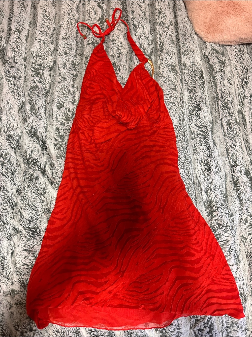 Oh Polly Red Halter Mini Dress with Subtle Zebra Texture